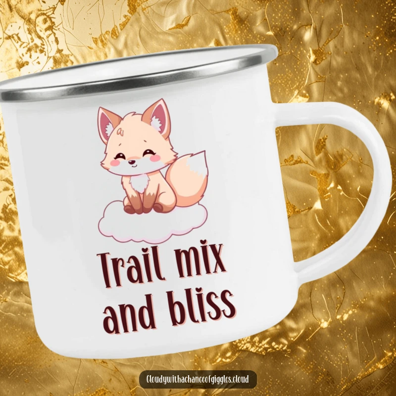Funny fox camping mug, a fluffy fox on a cloud, tail wagging with delight, perfect for humorous outdoor trips.