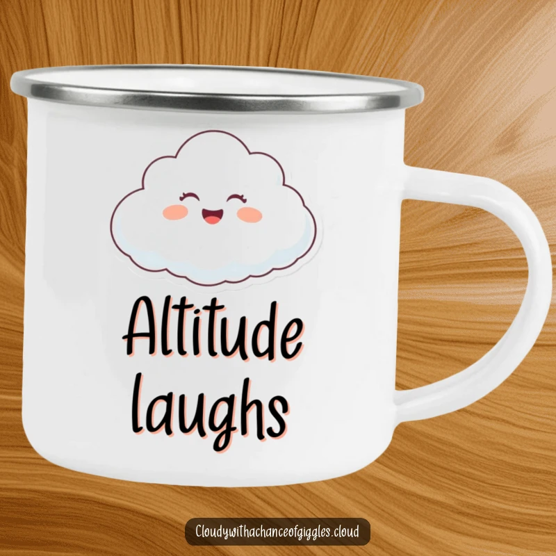 Funny happy cloud character giggling while floating on a gentle breeze on a durable and funny camping mug.