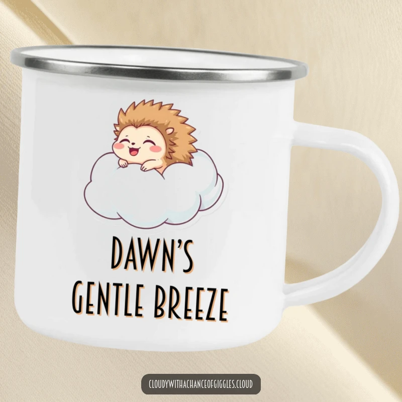 Funny hedgehog camping mug showing a happy hedgehog rolling down a cloud, perfect for outdoor fun and humor.
