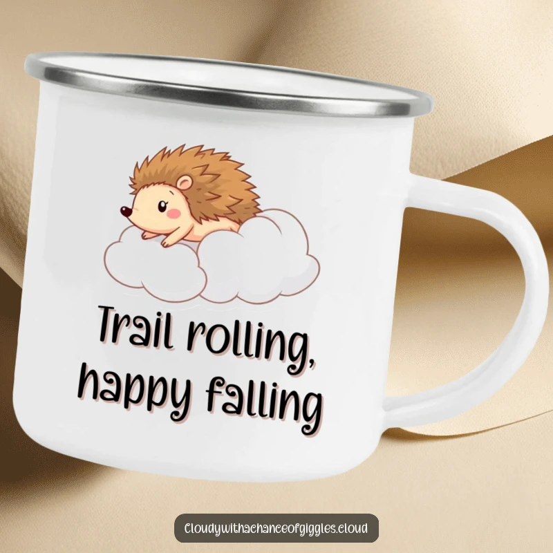 Funny camping mug with a cheerful hedgehog rolling down a soft cloud, perfect for outdoor fun and hearty drinks.
