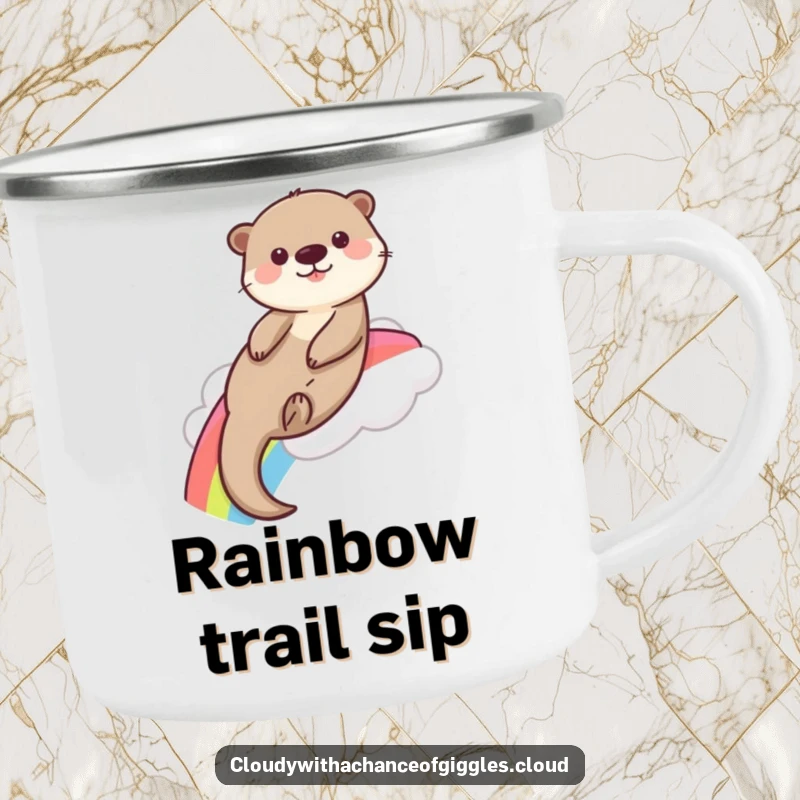 Funny playful otter slides down a rainbow from a fluffy cloud, ready for adventure on this sturdy camping mug.