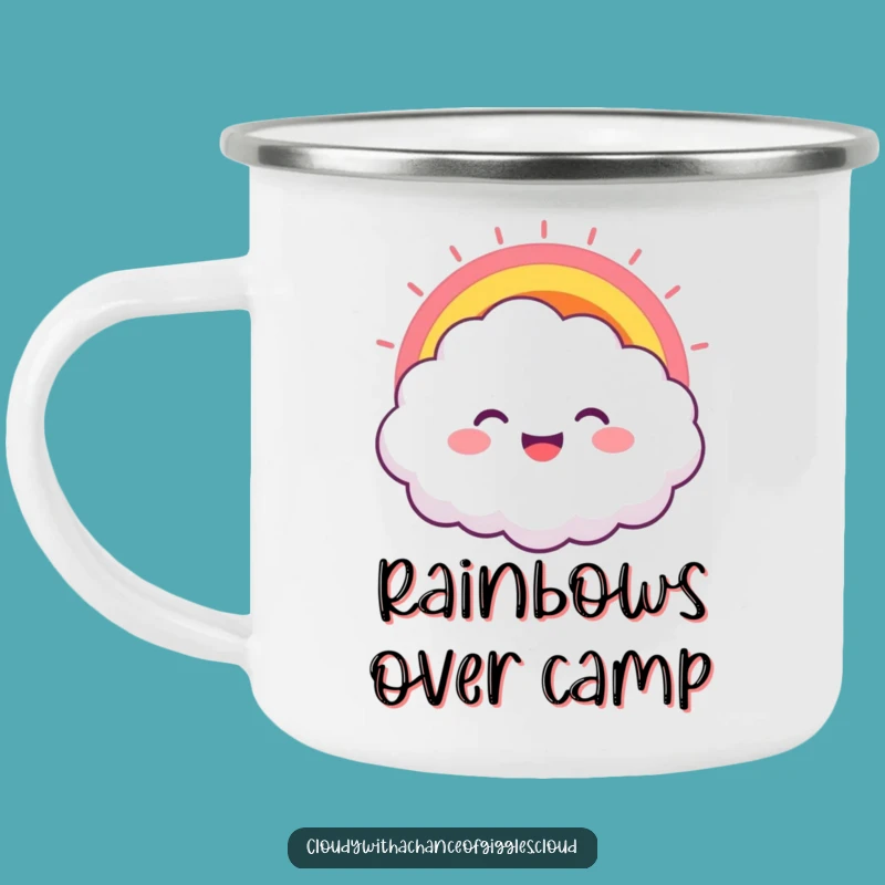 Funny Outdoor Cloud Rainbow Grin Camping Mug: Joyful Campfire Humor