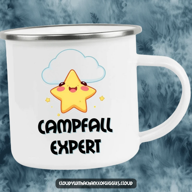 Funny camping mug with a happy star character safely descending from a cloud, perfect for outdoor humor and safe sipping.