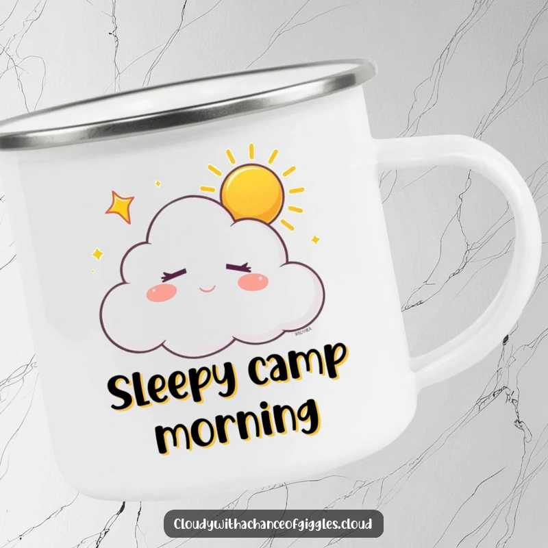Funny sleepy white cloud with closed eyes, dreaming of sunshine with a happy sigh, on a camping mug, for peaceful outdoor sips.