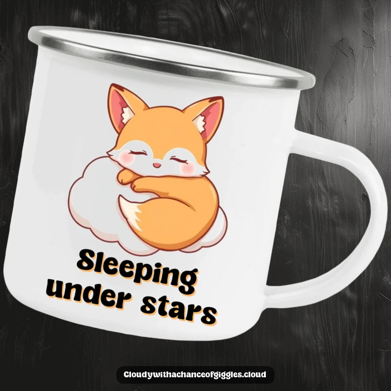 Funny sleepy fox curled up smiling on a soft cloud with closed eyes, a dreamy and humorous camping mug for outdoor relaxation.