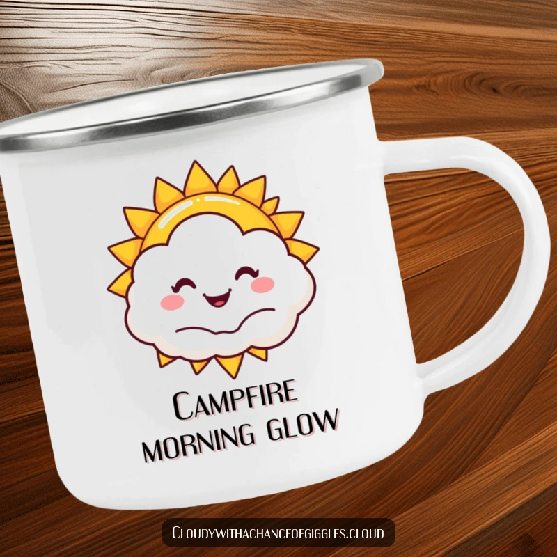 Funny sun camping mug, a smiling sun peeking from a happy cloud, perfect for humorous outdoor adventures.