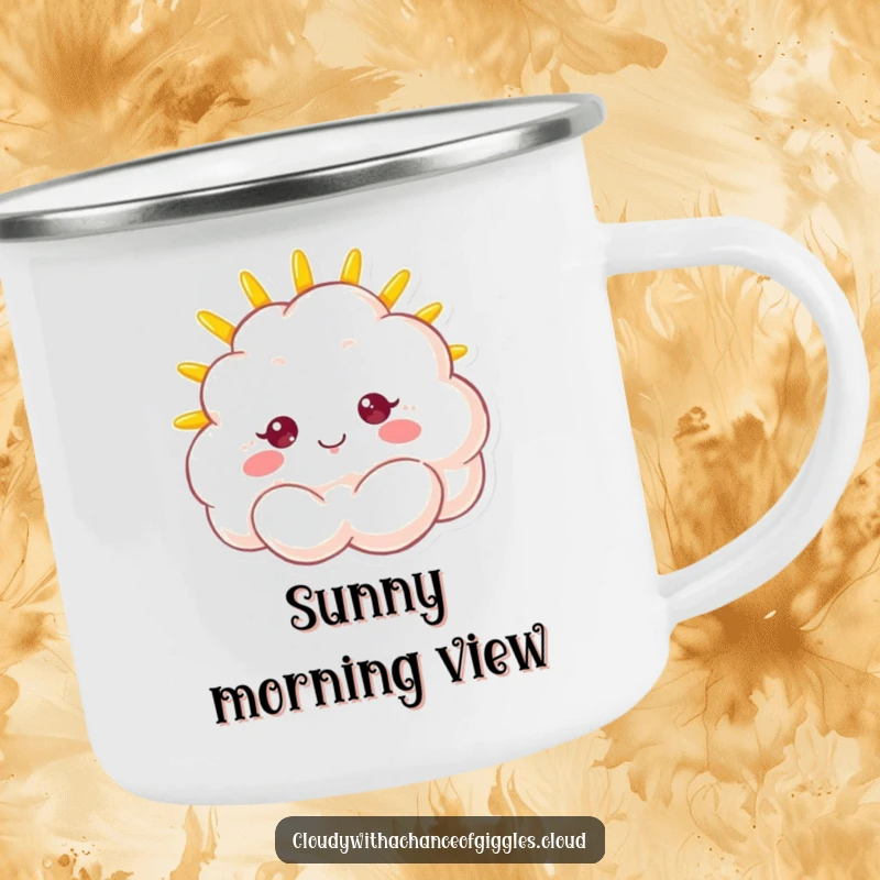 Funny camping mug with a fluffy cloud character and a beaming sunshine face, ideal for cheerful outdoor beverage enjoyment.