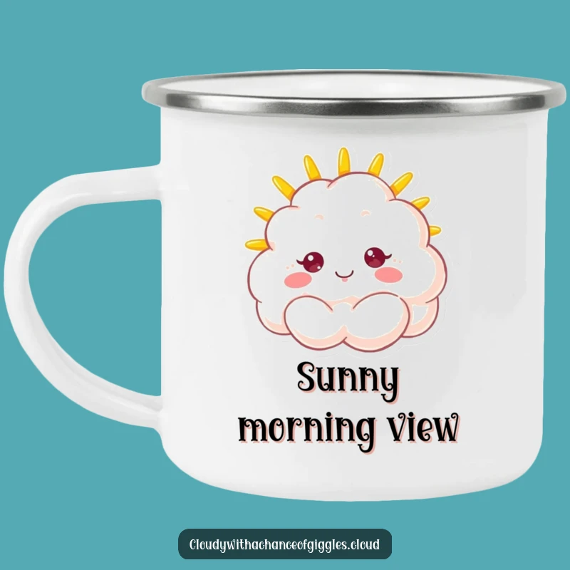 Funny Sunshine Cloud Camping Mug: Fluffy Character's Beaming Face Outdoor Sip Gift