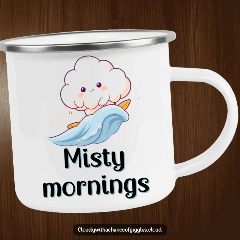 Funny cloud animal happily surfing a gentle wave of wind on a durable and funny camping mug.