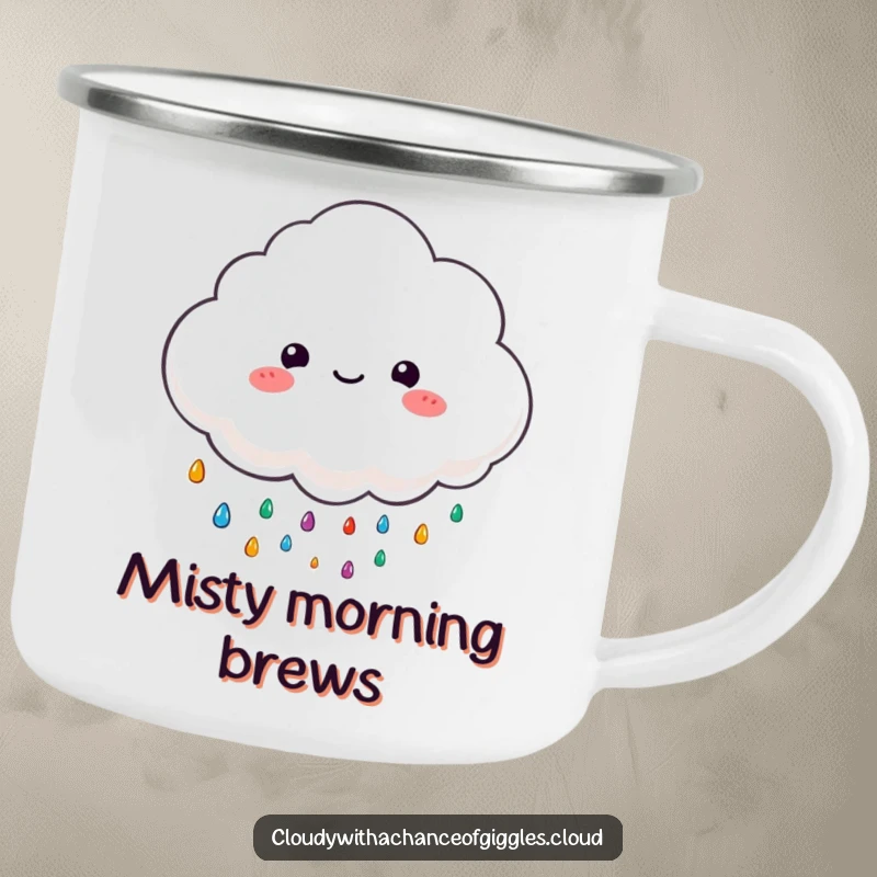 Funny camping mug with a fluffy cloud character happily raining colorful, tiny raindrops, ideal for outdoor enjoyment.