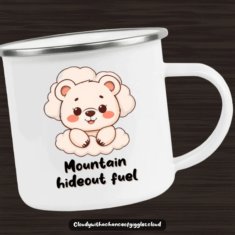 Funny camping mug with a smiling bear cub peeking from behind clouds, perfect for outdoor adventures, an adorable and funny gift.