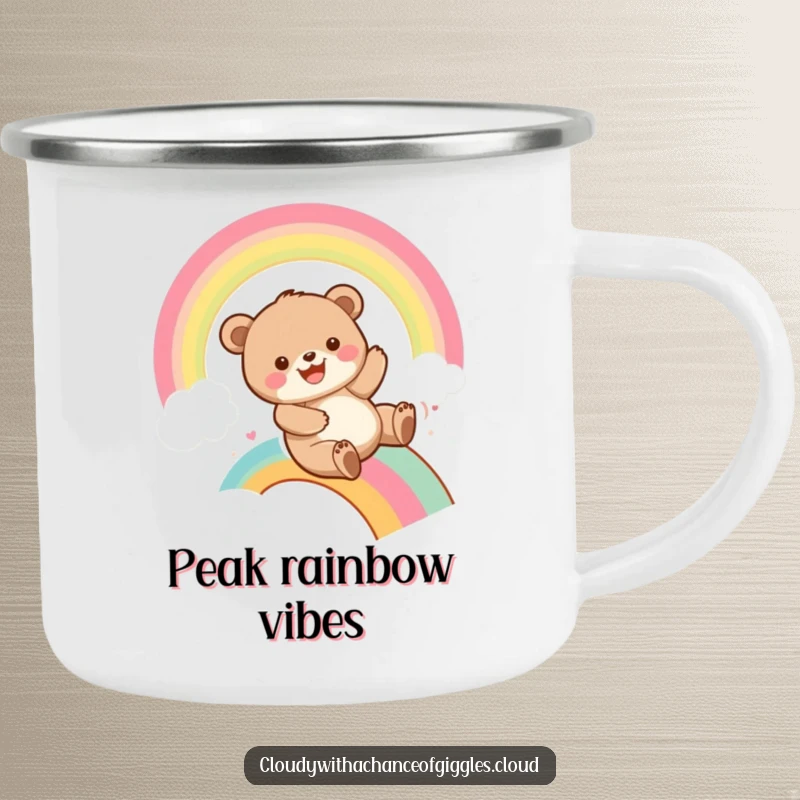 Funny bear cub sliding down a vibrant rainbow with a wide grin, on a durable camping mug, perfect for outdoor adventures with humor.