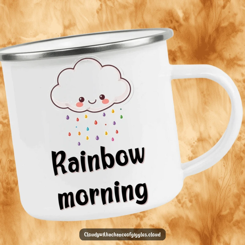 Funny cloud camping mug, a small happy cloud with a smiling face raining colorful raindrops, perfect for outdoor drinks.