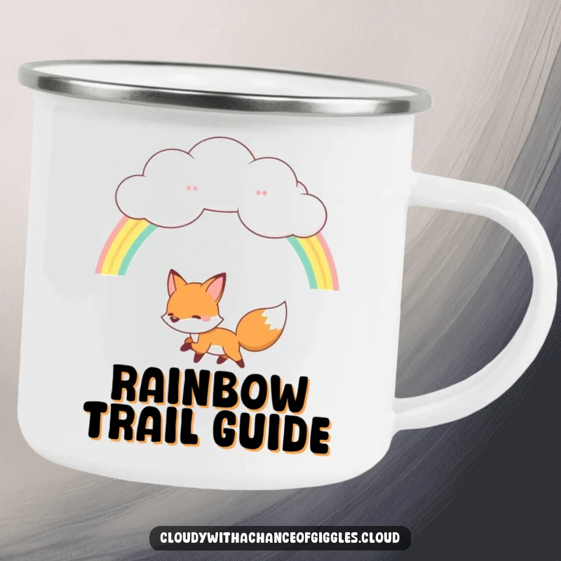 Funny fox camping mug, a happy fox chasing a rainbow from a fluffy cloud, durable and humorous outdoor cup.