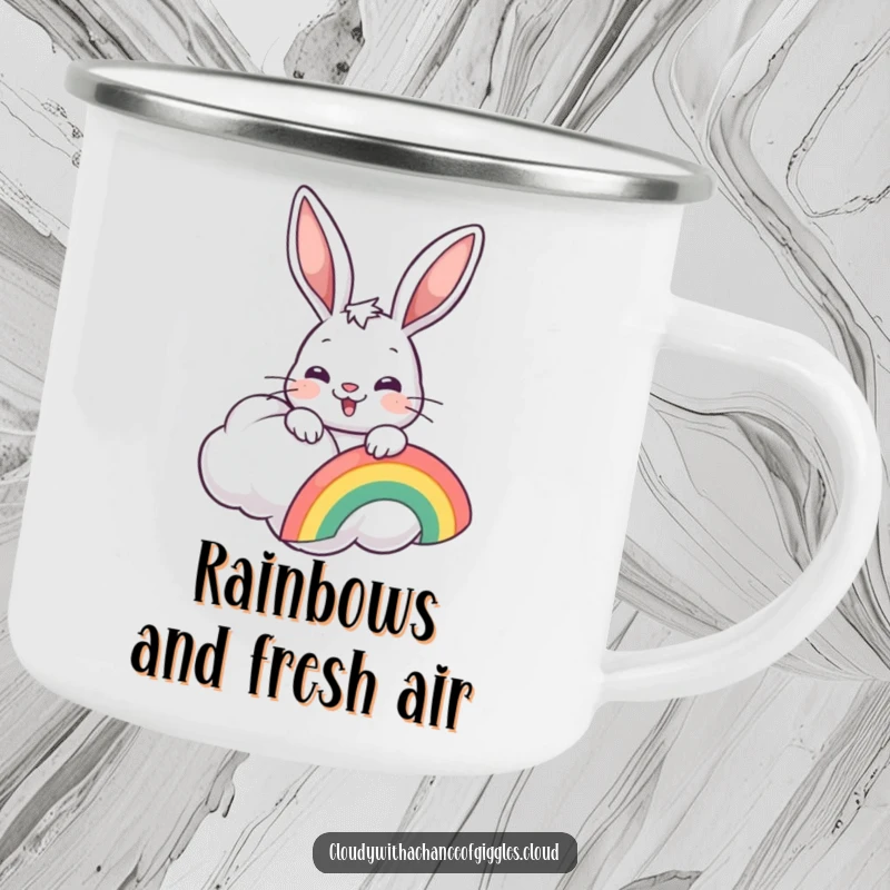 Funny bunny peeking from a cloud, holding a rainbow, on a rustic camping mug, for outdoor fun.