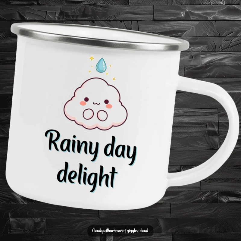Funny camping mug with a tiny cloud animal character with sparkles bursting from a raindrop, ready for magical adventures.
