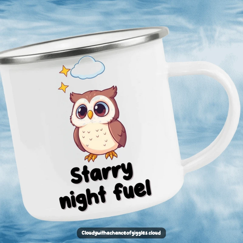 Funny camping mug featuring a wide-eyed owl gazing at a cloud filled with stars, ideal for outdoor enthusiasts and dreamers.