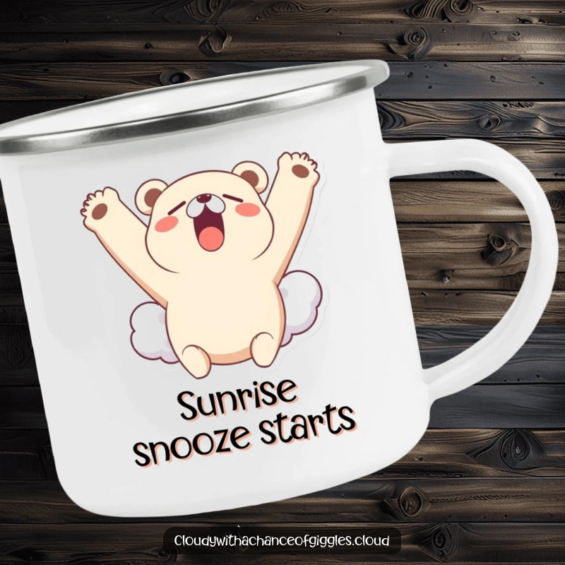Funny camping mug showing a little bear cloud character yawning widely and stretching its cloudy arms upwards, ideal for morning brews.