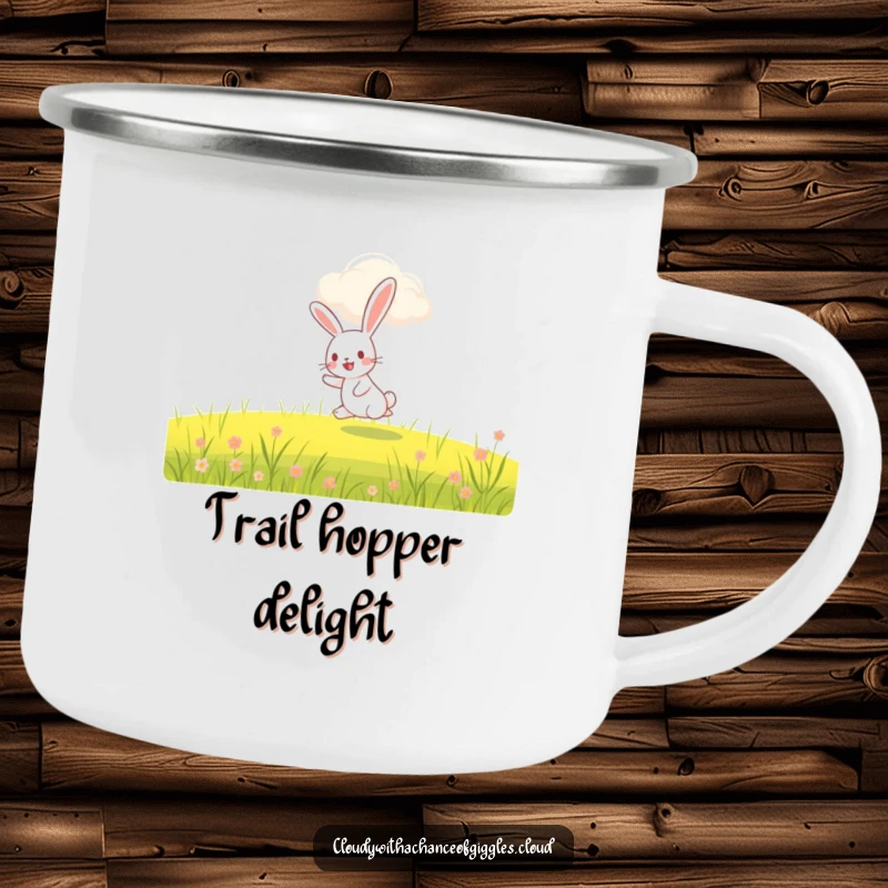 Funny rabbit camping mug, a happy rabbit hopping under a whimsical smiling cloud, durable and humorous outdoor cup.