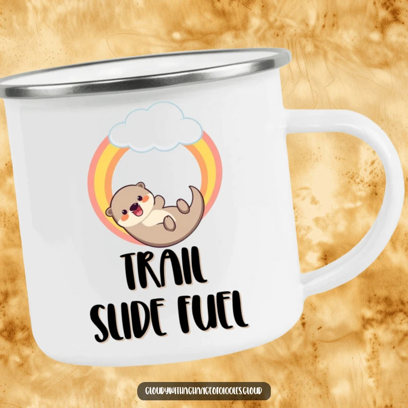 Funny camping mug with a happy otter sliding down a rainbow from a cloud, designed for outdoor enthusiasts who love cheer.