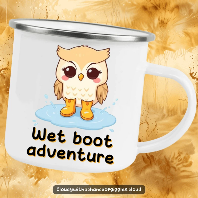 Funny camping mug with an owl in rain boots splashing in a cloud puddle, designed for outdoor lovers who appreciate whimsy.