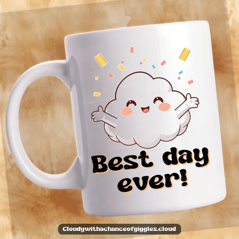 Funny mug featuring a smiling cloud character with open arms, joyfully catching colorful confetti, perfect for gifts.