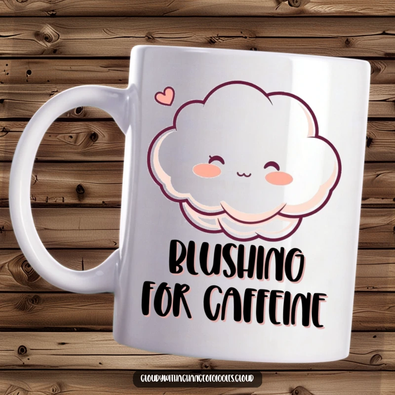 Funny mug featuring a shy cloud character blushing with rosy cheeks, gently tickled by a breeze, evoking sweet humor.