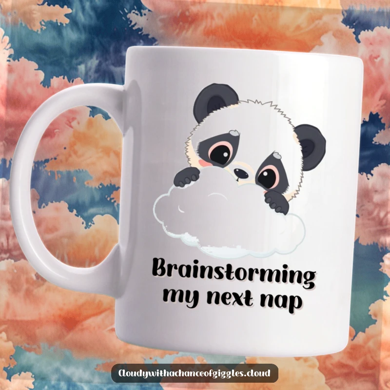 Funny panda cub mug featuring a curious panda cub with wide eyes peeking over a fluffy cloud, full of wonder.