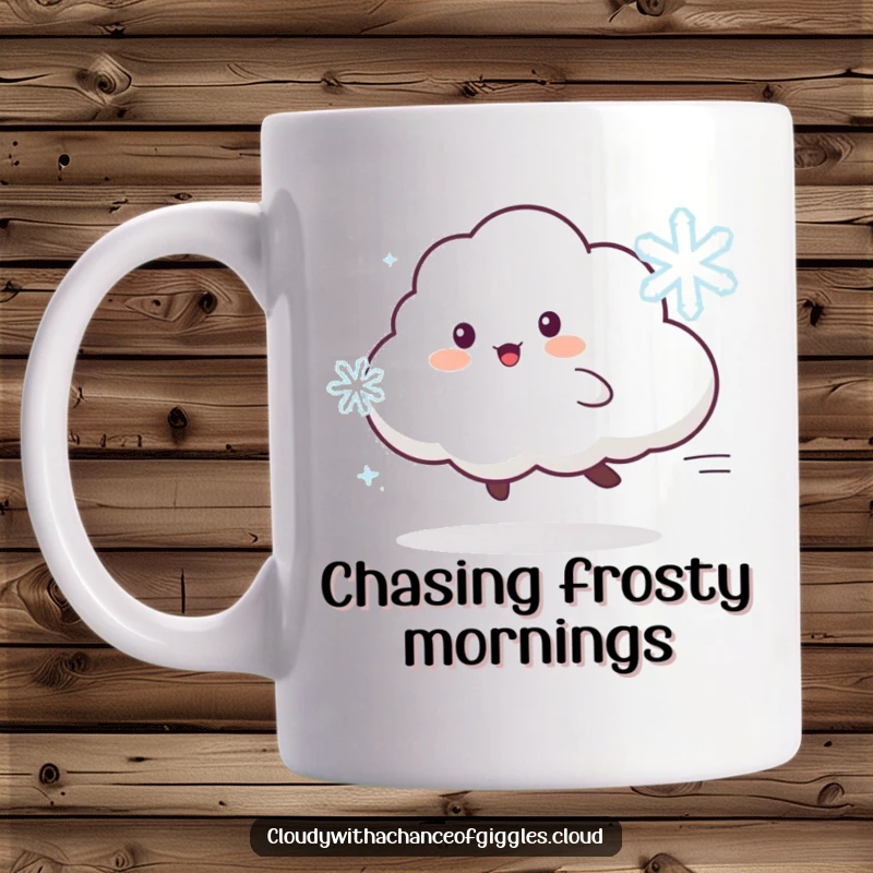 Funny mug featuring a playful cloud animal character delightedly chasing a whimsical dancing snowflake through the air.