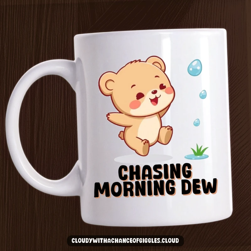 Funny Bear Cub Mug: A tiny, joyful bear cub mid-leap, playfully chasing a single raindrop with pure excitement.