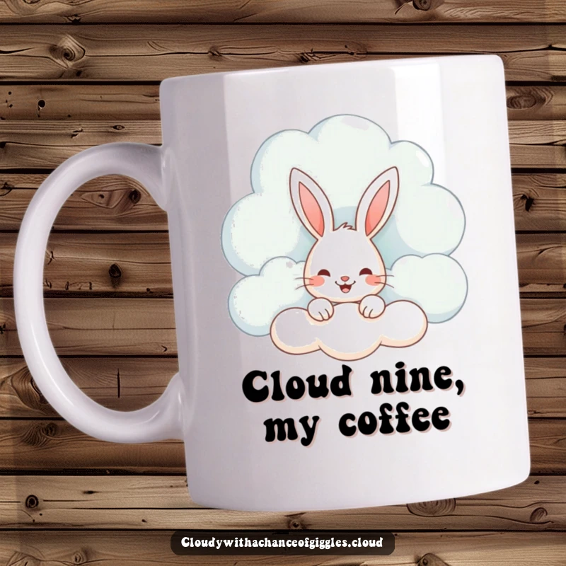 Funny mug featuring a happy bunny peeking from behind a large, fluffy white cloud with a whimsical, joyful expression.