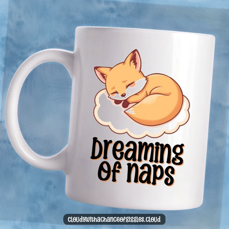 Funny sleepy fox curled up on a soft cloud mug, conveying ultimate relaxation and humor. Ideal for cozy mornings.