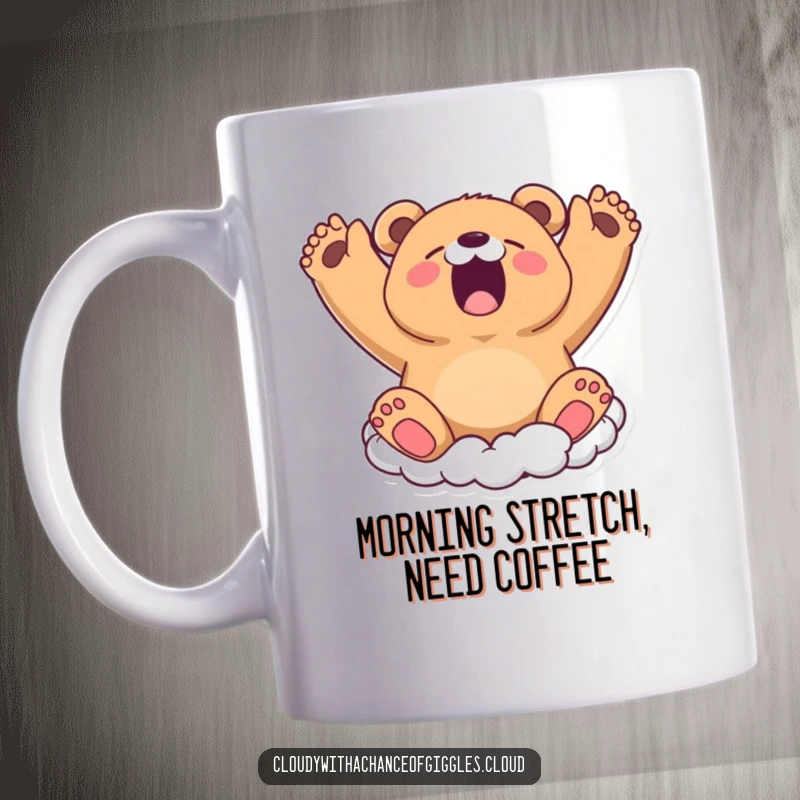 Funny Mug: A little bear cloud yawns widely, stretching its cloudy arms upwards, embodying sleepy charm and morning relaxation.