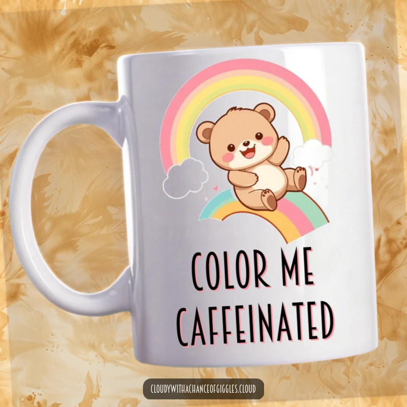Funny bear cub gleefully sliding down a vibrant rainbow with a wide grin, radiating pure happiness and childlike wonder on a mug.