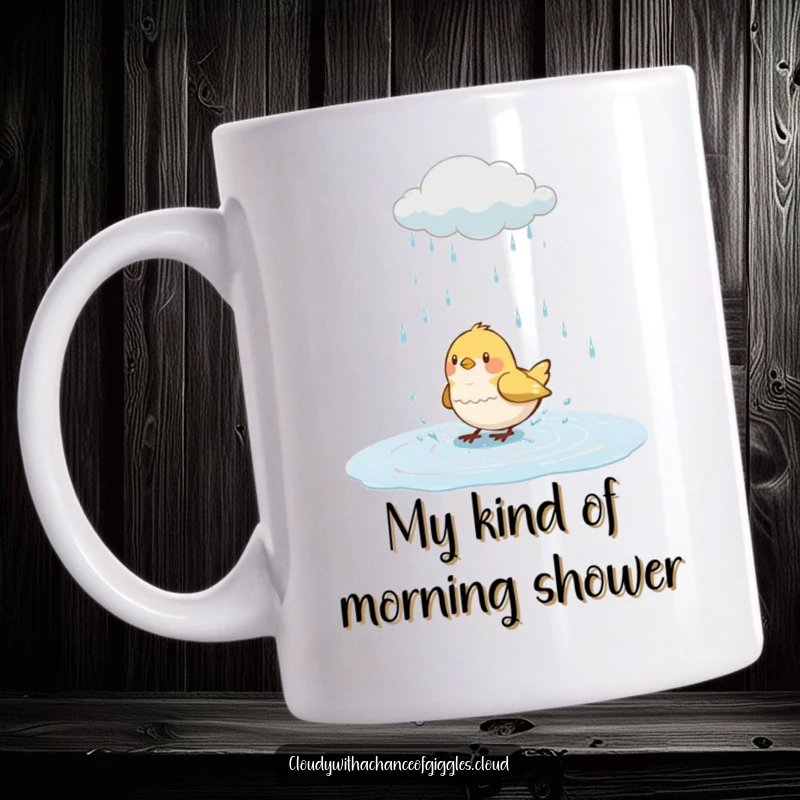 Funny bird mug, a small bird joyfully splashing in a puddle created by a smiling rain cloud, bringing cheerful vibes.