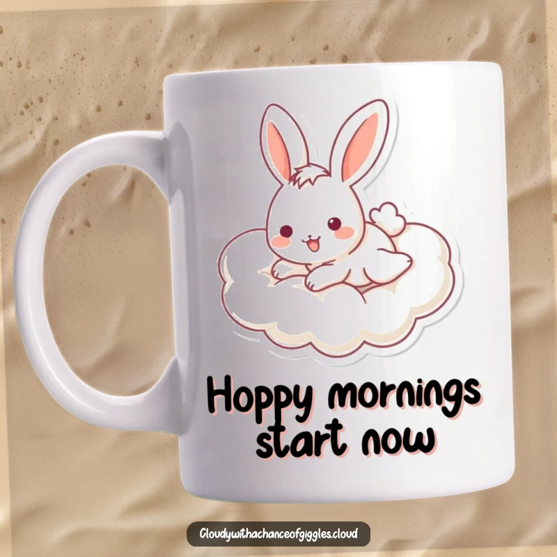 Funny bunny mug featuring a playful bunny with a cheerful expression sliding down a fluffy cloud, radiating pure delight.