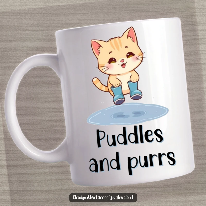 Funny smiling cat wearing tiny rain boots, joyfully jumping over a puddle.