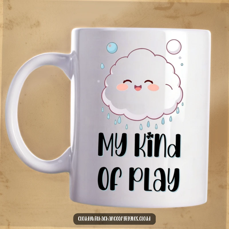 Funny, fluffy cloud child giggling and bouncing a soft, puffy raindrop like a ball on a mug.