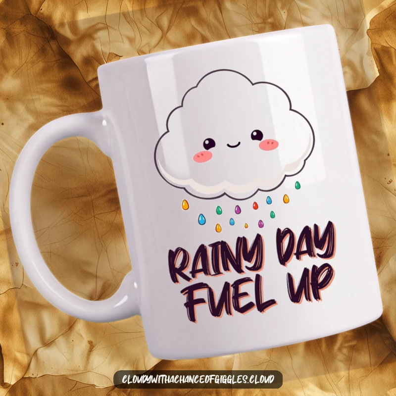 Funny mug with a fluffy cloud character happily raining colorful, tiny raindrops, spreading cheer.