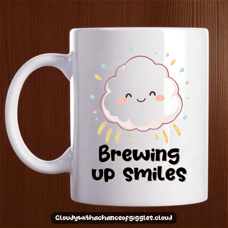 Funny fluffy cloud character joyfully sprinkling tiny colorful raindrops, creating small rainbows, a whimsical and humorous weather-themed design.