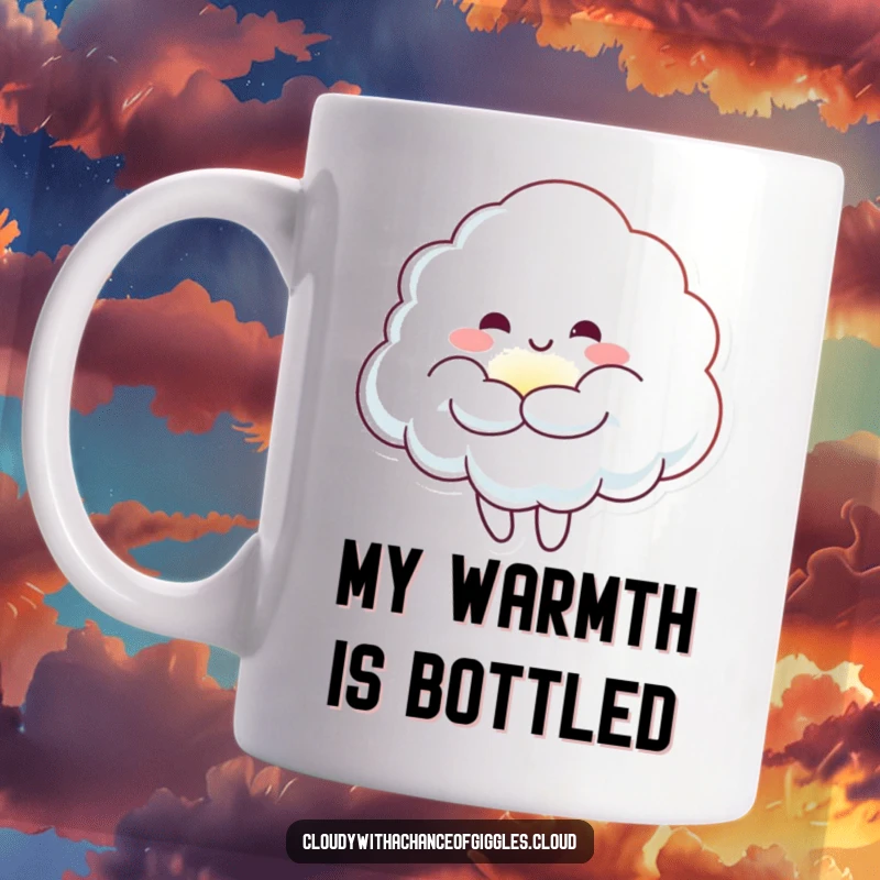 Funny Cloud Sunbeam Hug Mug: A cheerful cloud character embracing a small, glowing sunbeam, conveying comfort and joy.