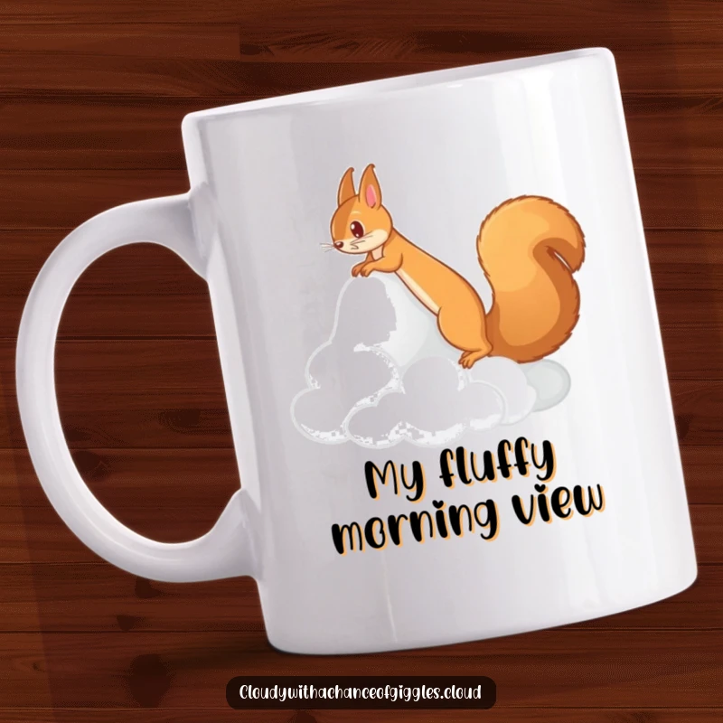 Funny mug showing a squirrel adventurously scampering up a cloud resembling a fluffy mountain. Ideal funny gift.