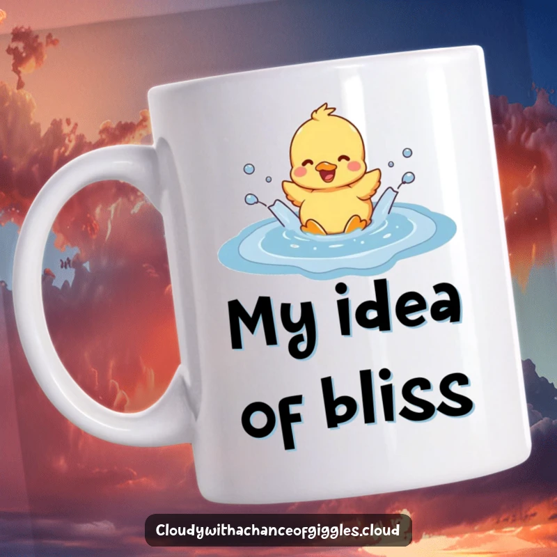 Funny duckling splashing joyfully in a fluffy cloud-shaped puddle, radiating pure happiness and playful energy, perfect for a cheerful gift.