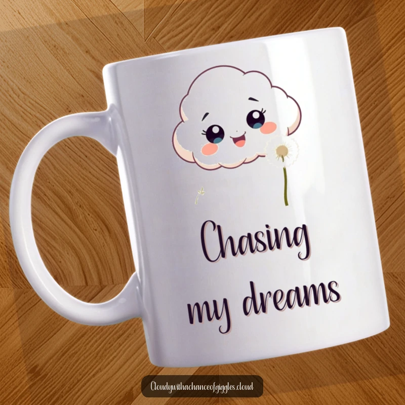 Funny, excited cloud with wide eyes enthusiastically chasing a fluffy white dandelion seed on a mug.