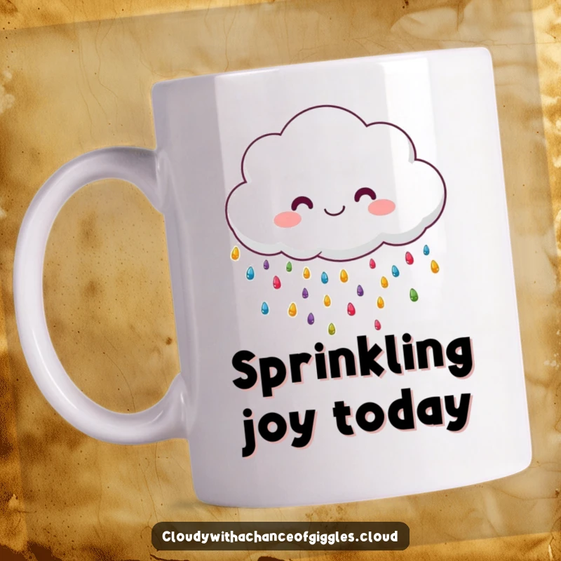 Funny fluffy cloud character happily raining colorful, tiny raindrops, spreading cheer and color.
