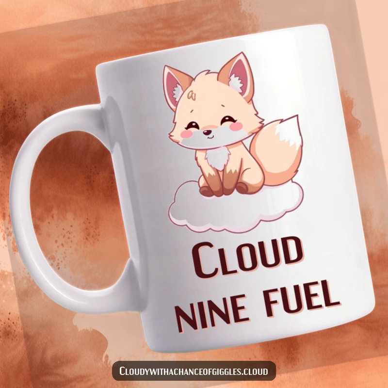 Funny fox mug, a fluffy fox sits happily on a cloud, tail wagging with delight, radiating pure joy and humor.