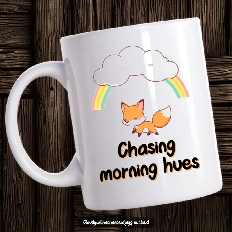 Funny fox mug, a happy fox joyfully chasing a vibrant rainbow arching from a fluffy cloud, symbolizing hope and fun.