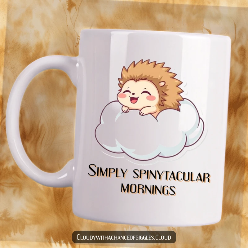 Funny hedgehog mug featuring a happy hedgehog rolling down a puffy cloud with eyes closed in delight, embodying pure bliss.