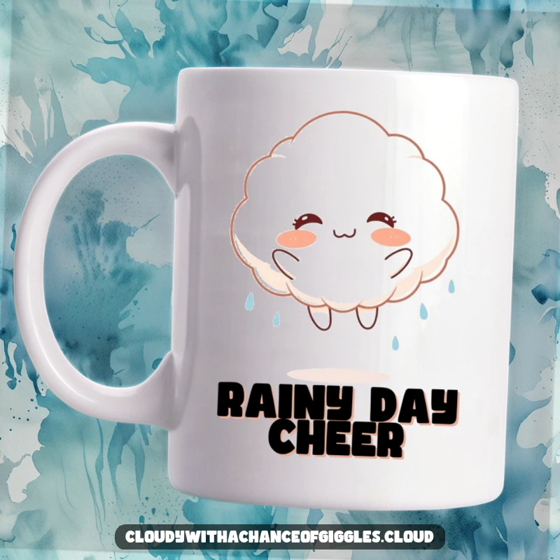 Funny fluffy white cloud with rosy cheeks, joyfully jumping and raining, on a mug, bringing cheerful weather humor.