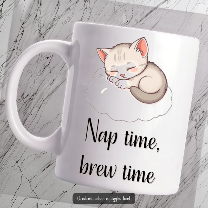 Funny Sleepy Kitten Mug: A small, adorable kitten curled up sound asleep on a soft, fluffy cloud.